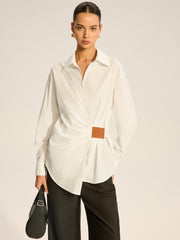 Cotton Ruched Shirt with Faux Leather Detail