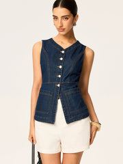Denim Slim Button Sleeveless Vest