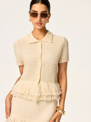 Fringed Mesh-Knit Polo Short Sleeve Top