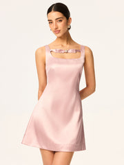 Satin Mini Dress with Bow and Rhinestone Detail