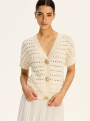 Eyelet Knit Metal Button V-Neck Cardigan