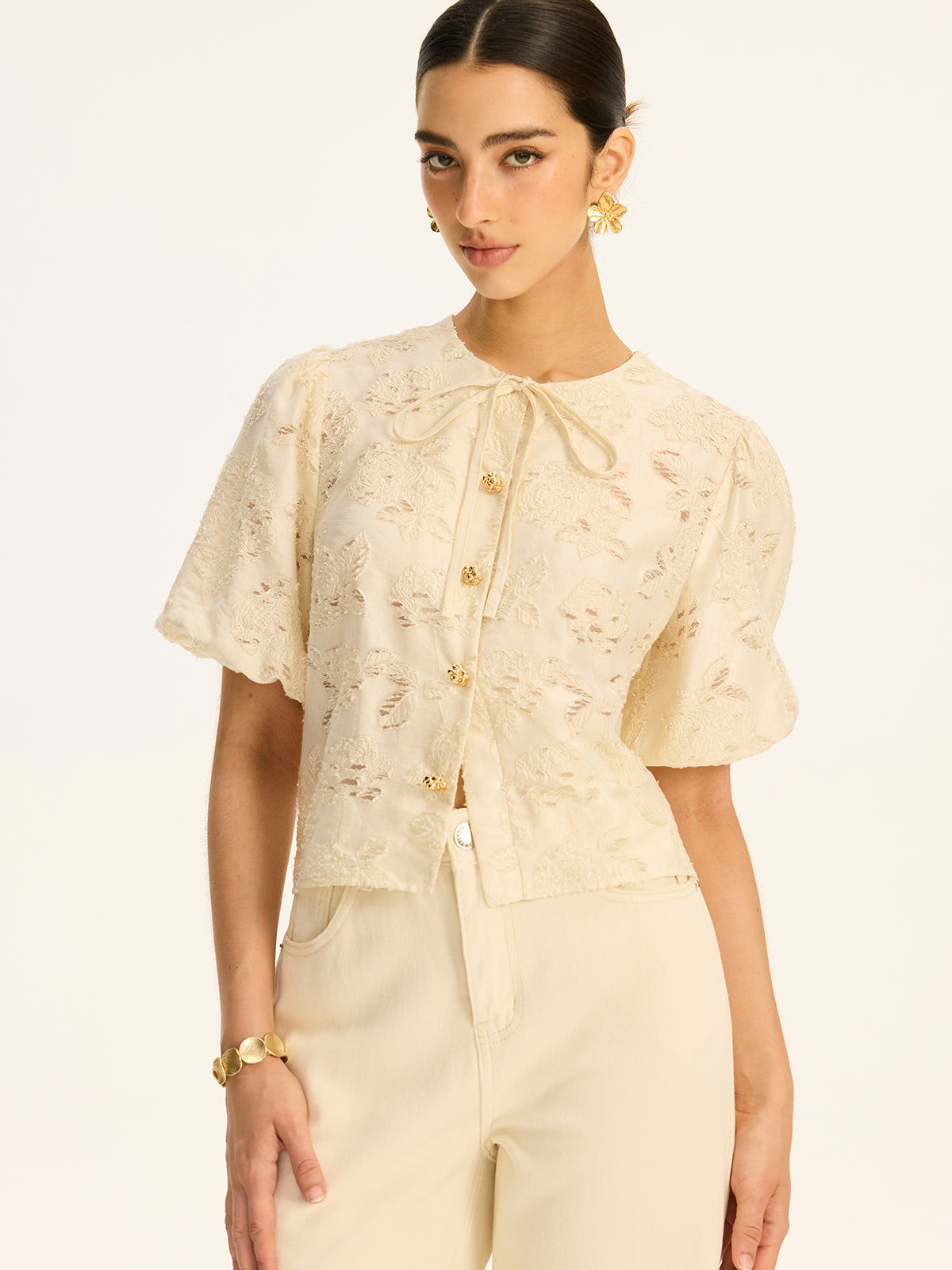 Semi-Sheer Jacquard Metal Button Cotton-Blend Top