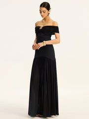 Semi-Sheer Off-Shoulder Ruched Mesh-Paneled Maxi Dress