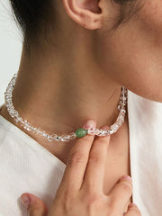 Clear Crystal Beaded Necklace with Green Gemstone Accent