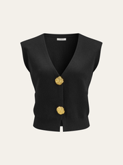 Metal Button V-Neck Knit Vest