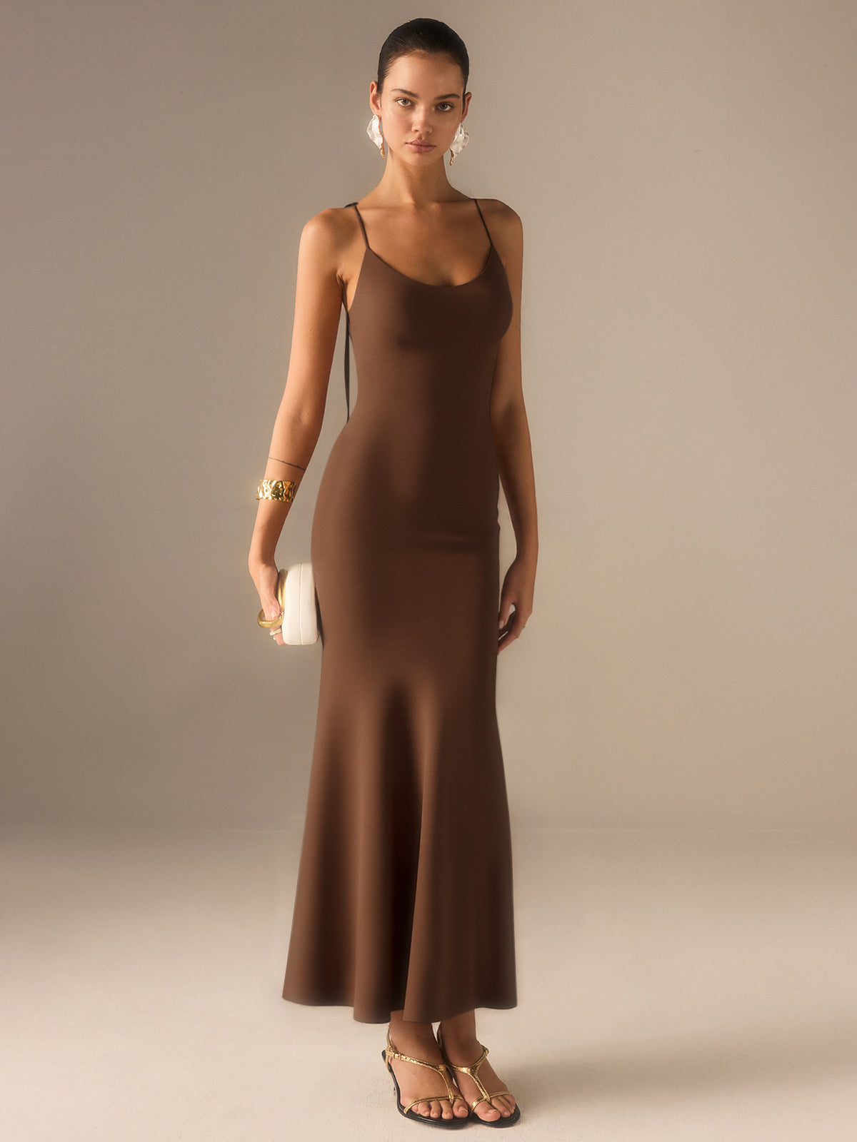 Satin Strappy Maxi Dress with Bow-Tied Back