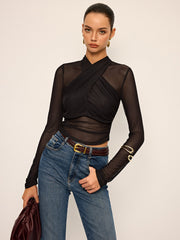 Semi-Sheer Mesh Cross-Front T-Shirt