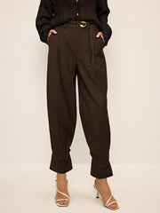 Pleated Wide-Leg Pants with Ankle Button Detail