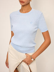 Heart Embroidered Crew Neck Cable Knit Top