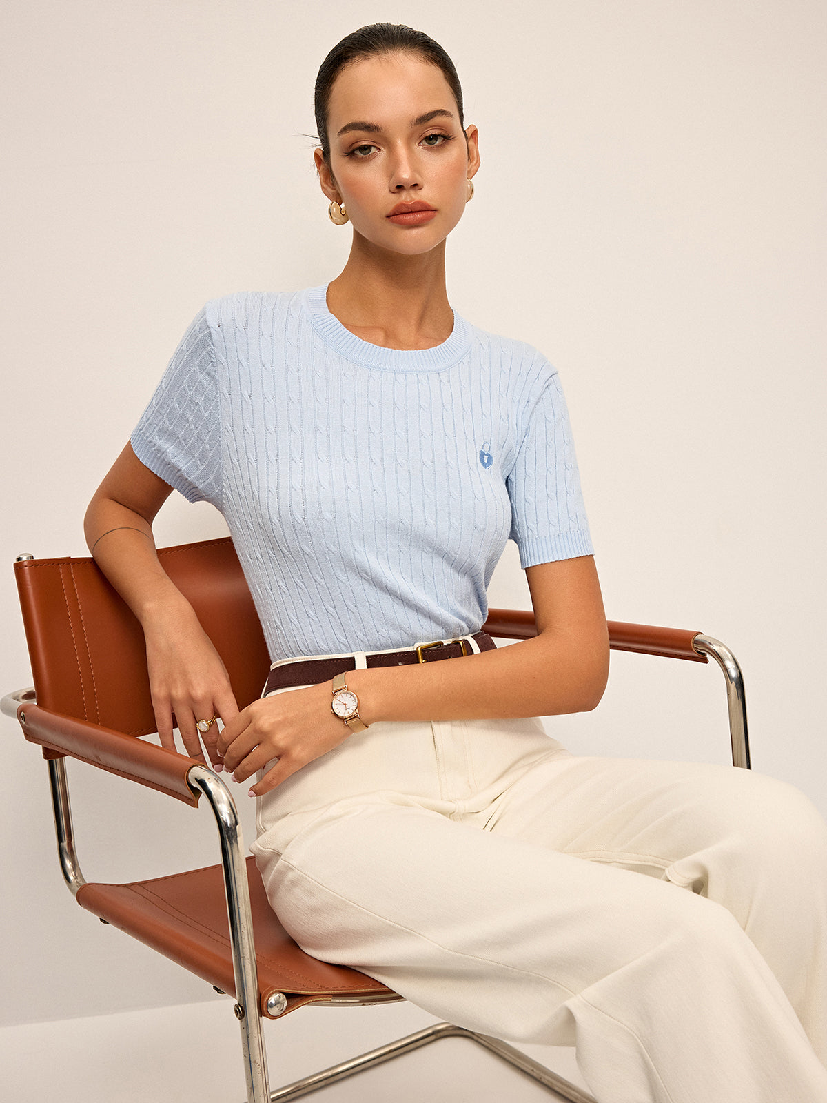 Heart Embroidered Crew Neck Cable Knit Top