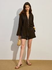 Pleated Button-Front Shorts Set