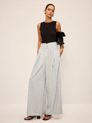 Cotton Striped Pleated Wide-Leg Pants