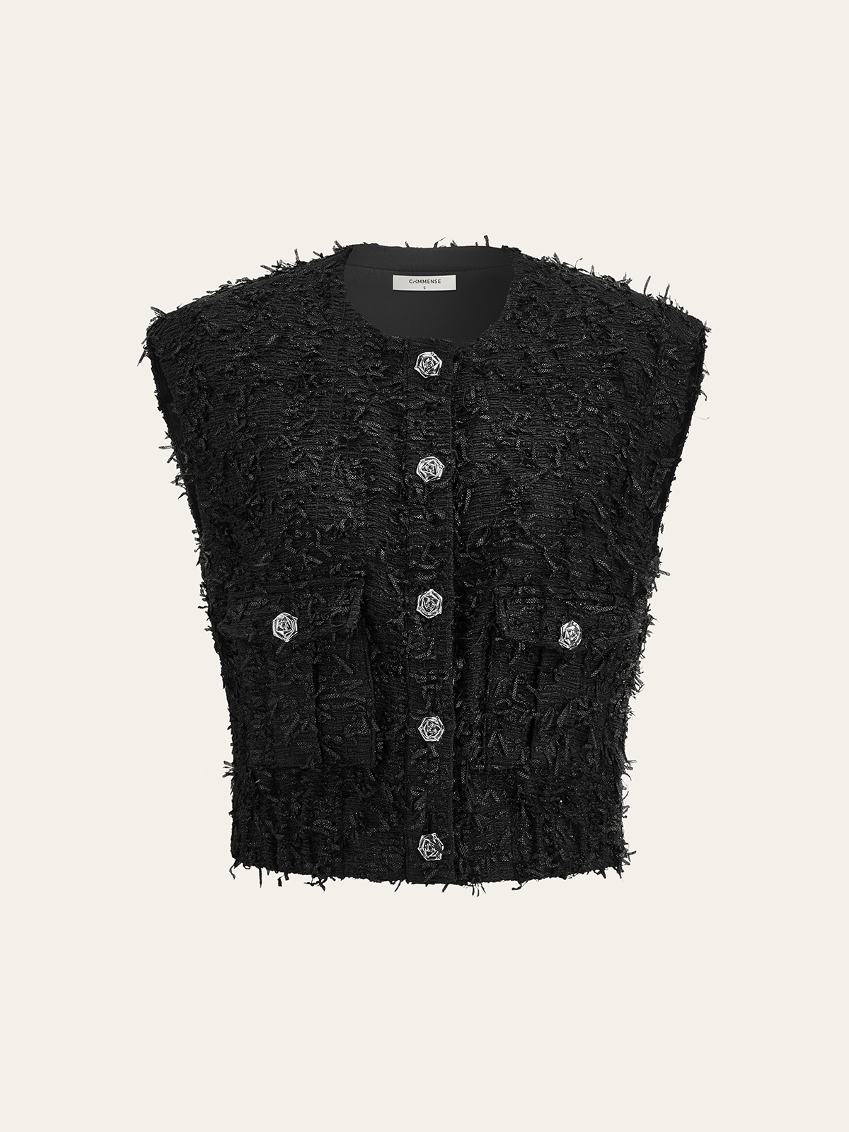 Fringed Tweed Button Sleeveless Vest