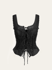 Semi-Sheer Lace-Trimmed Ruched Corset Top