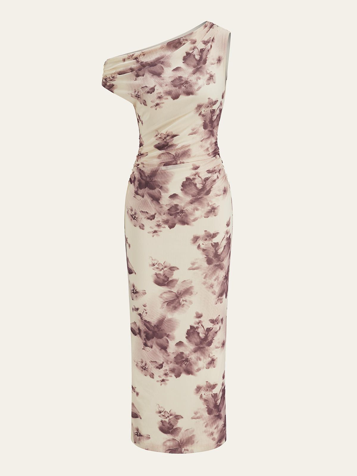 Semi-Sheer One-Shoulder Ruched Floral Print Midi Dress