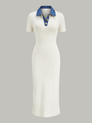 Denim-Collar Buttoned Polo Knit Midi Dress
