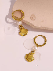 Gold-Plated Hoop Earrings with Pearl and Shell Charms