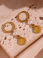 Gold-Plated Hoop Earrings with Pearl and Shell Charms