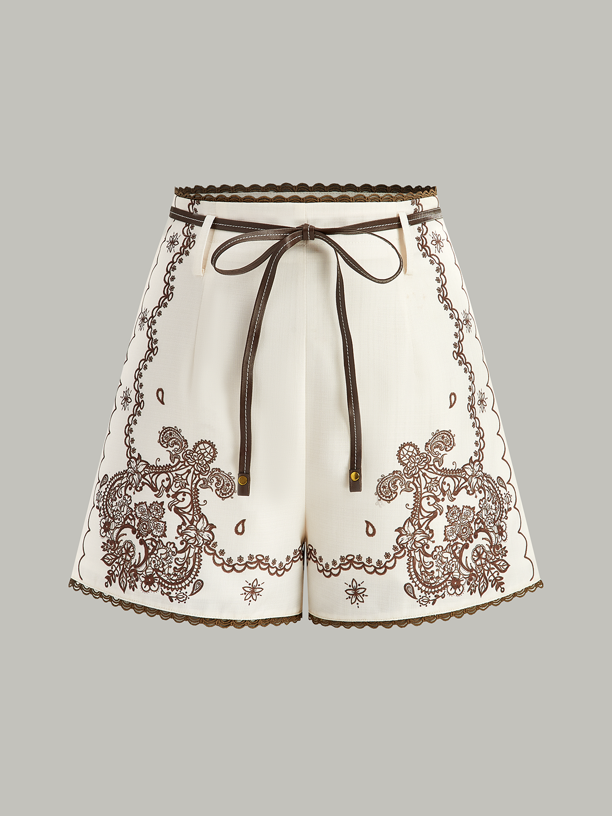 Floral Printed Suit Shorts with Lace Trims and Belt