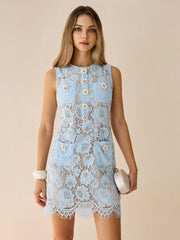 Flower-Shaped Button Lace Mini Dress