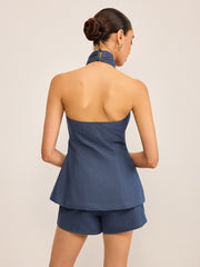 Metal Button Halter Neck Top with Shorts Set