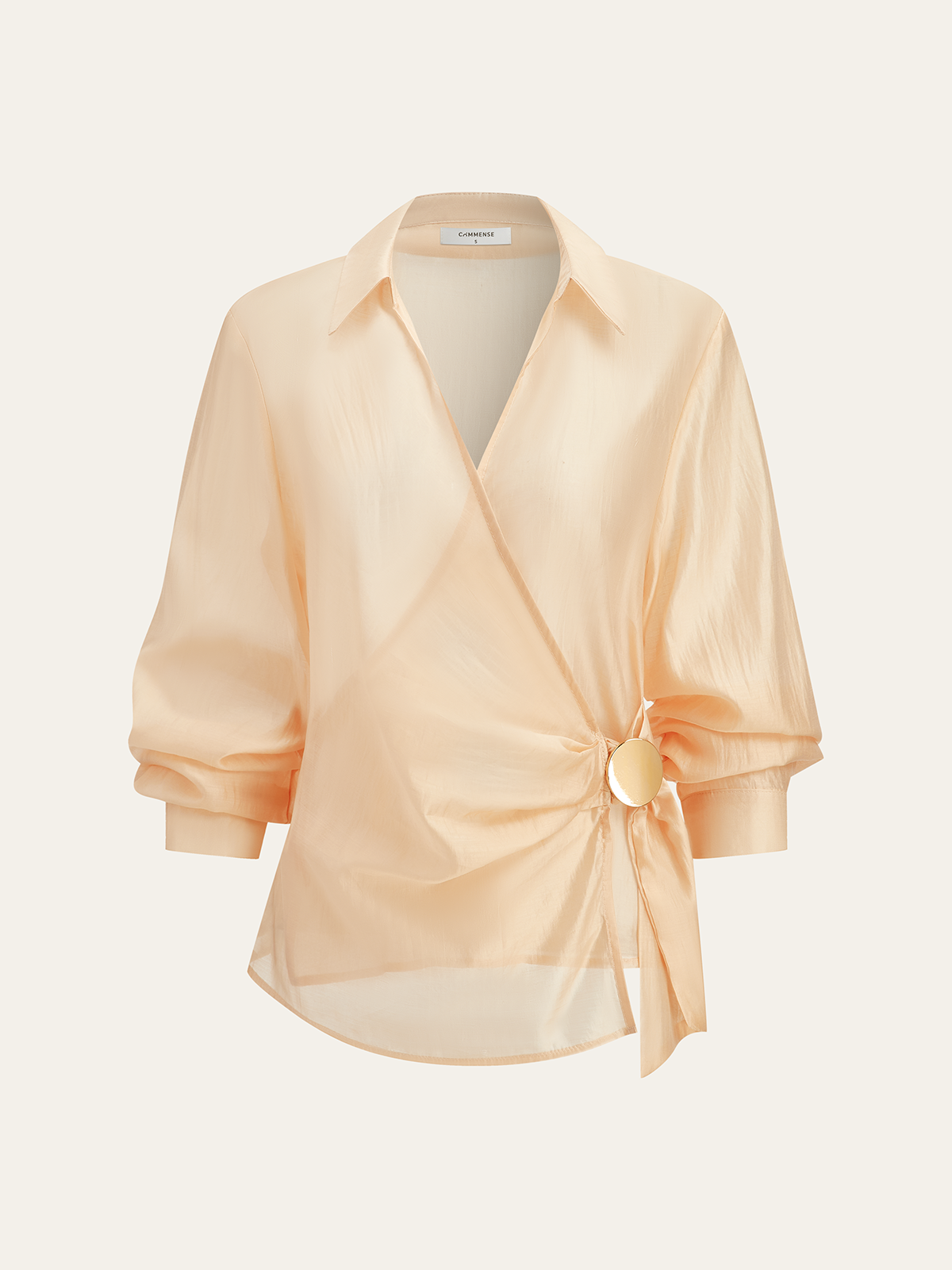 Semi-Sheer Metal Button Wrap Blouse