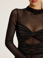Semi-Sheer Mesh Twist Long-Sleeve T-Shirt