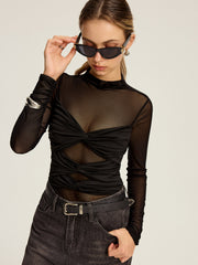 Semi-Sheer Mesh Twist Long-Sleeve T-Shirt