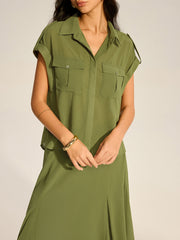 Rolled-Sleeve Pocketed Chiffon Shirt and Midi Skirt Set