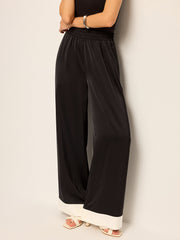 Satin Wide-Leg Pants with Contrast Cuffs