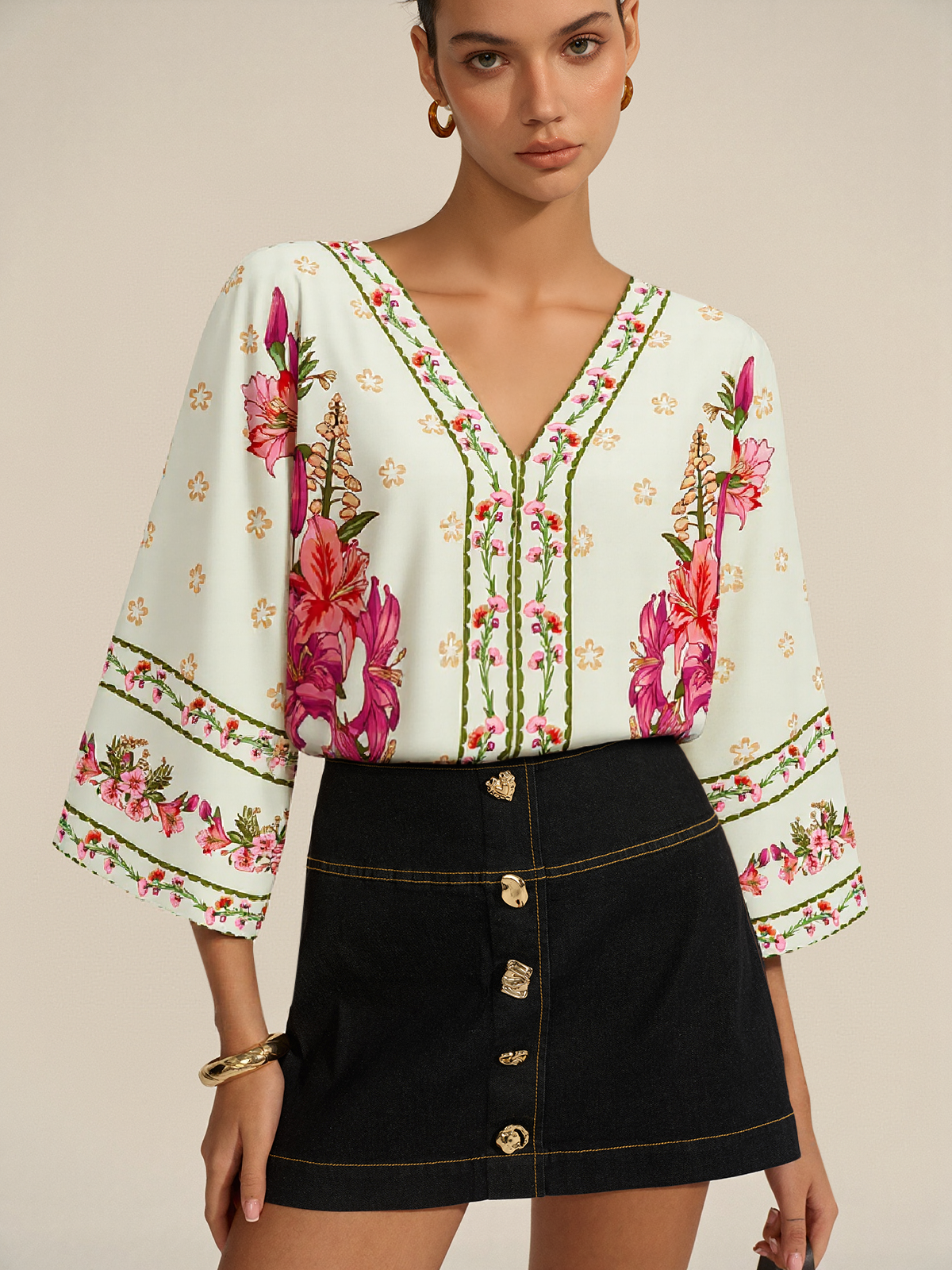 Floral Print V-Neck Tie-Back Bodysuit