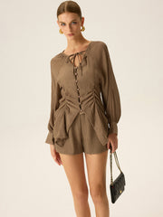 Ruched V-Neck Textured Shorts Set