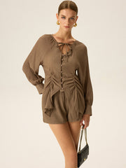 Ruched V-Neck Textured Shorts Set