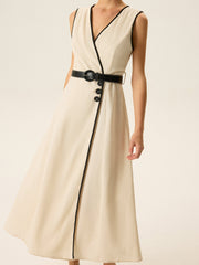 Contrast Trim Belted Midi Dress