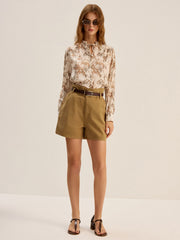 Leaf Printed Tie-Neck Rayon Shirt