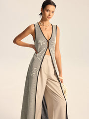 Floral Contrast Trim Knit Maxi Vest