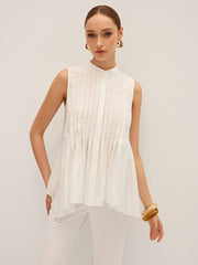 Semi-Sheer Pleated Mock Neck Blouse