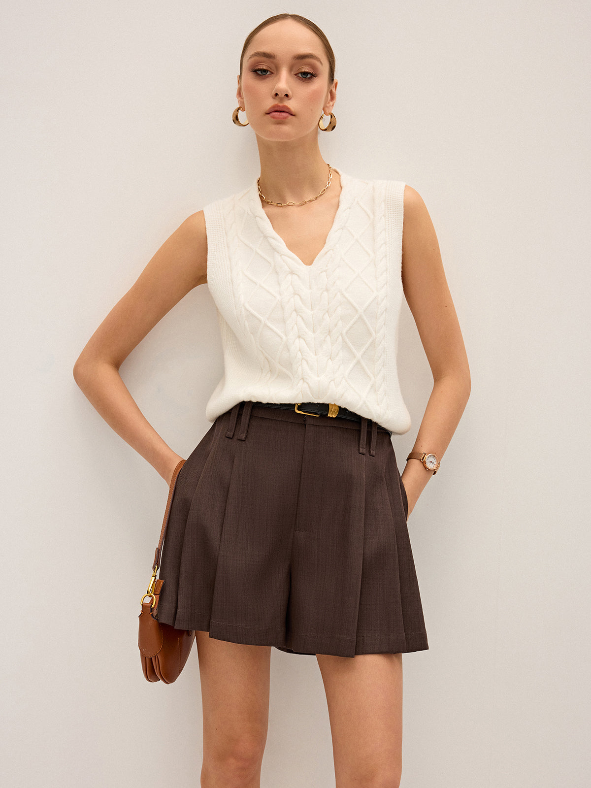 Pleated Mid-Waist Shorts without Belt