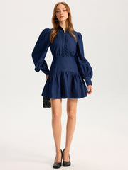 Denim Stand Collar Puff Sleeve Mini Dress