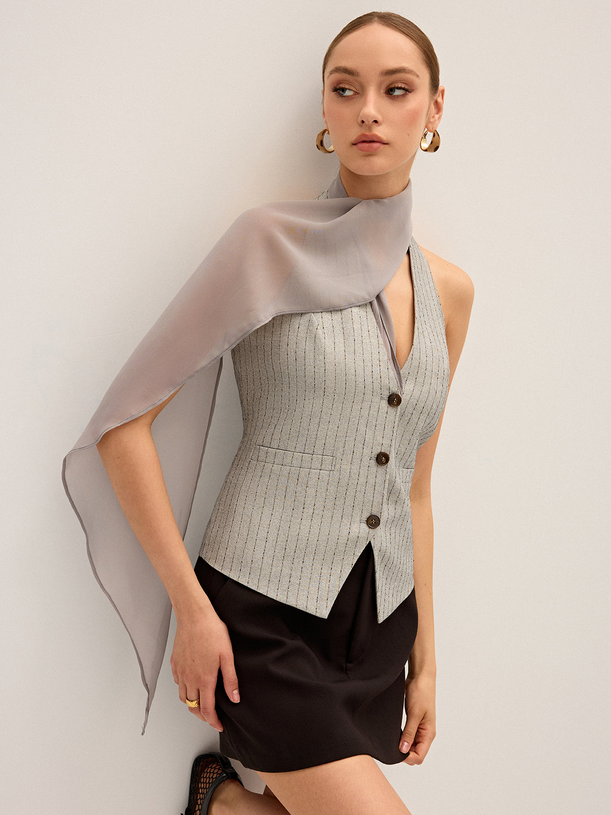 Pinstripe Halter Neck Vest with Chiffon Ribbon Panel