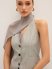 Pinstripe Halter Neck Vest with Chiffon Ribbon Panel