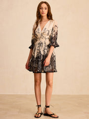 Print Deep V-Neck Mini Dress