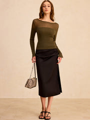 Sheer-Paneled Boat Neck Knit Top