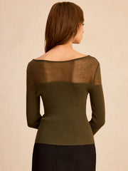 Sheer-Paneled Boat Neck Knit Top