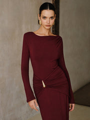 Metal Buckle Long Sleeve Ruched Maxi Dress