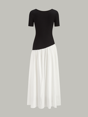 Crew Neck Contrast-Paneled Asymmetric Maxi Dress