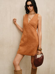 Suede V-Neck Sleeveless Mini Dress