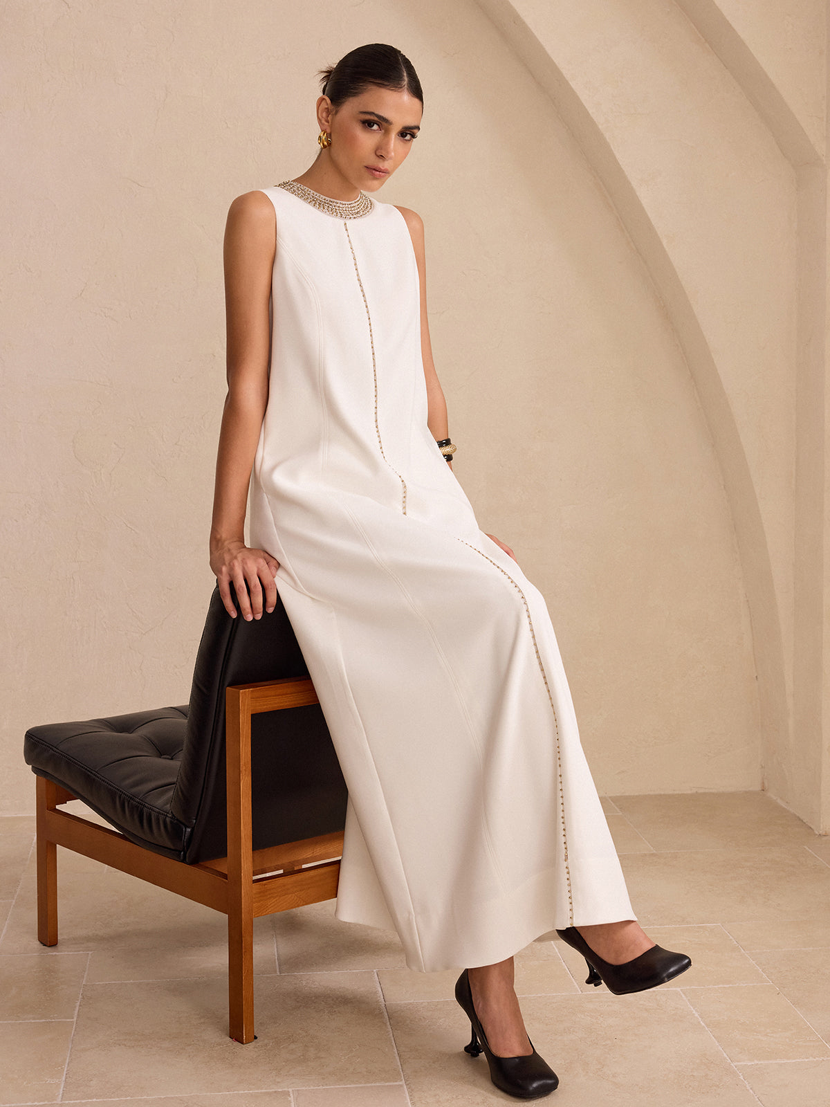 Hand-Beaded Neckline Pocket Maxi Dress