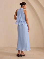 Pleated Tiered Halter Top and Maxi Skirt Set