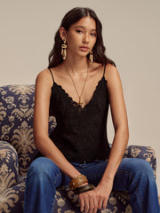 Semi-Sheer Embroidered Floral Chiffon Cami Top